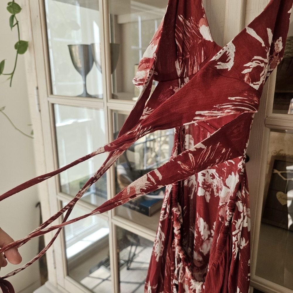 Free People Lille Tropical Printed Cutouts Rasberry Tie Maxi Dress Small $128 XS - Picture 8 of 14